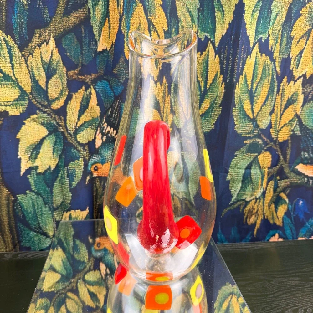 Hand Blown Glass‎ Pitcher MCM Murrine Style Red Yellow Orange Geometric 12.5in